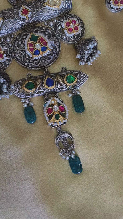 Rajsi Meher Dual Tone Premium Long Pacchi Kundan Necklace Set Online