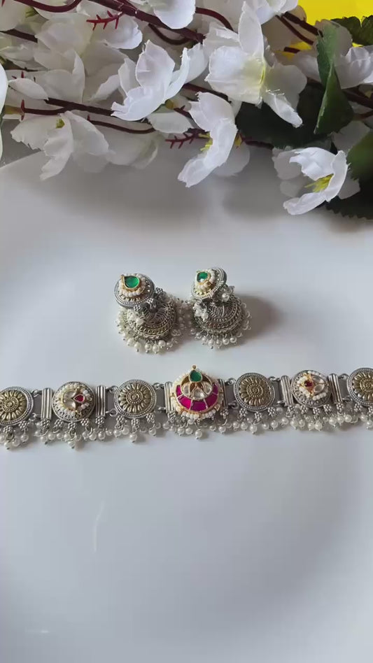 Ravisha Bestseller Kundan Dual Tone Choker with Jhumkis | Brass Base Silver Look Alike Polish | Kundan Fusion Necklace Set – Limited Edition | Kundan Jewellery India | Premium Indian Jewellery