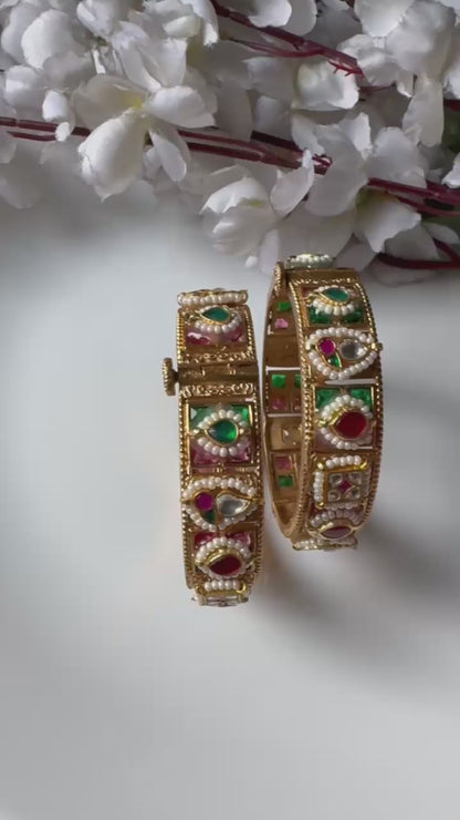 Meherza Gold Premium Kundan Stone Kada Online | Ruby Green Openable Brass Kada for Women