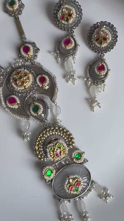 Rajvanshi Dualtone SLA Stone Long Necklace Set with Kundan Fusion | Premium Designer Jewellery
