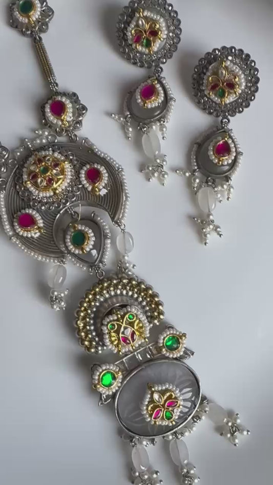 Rajvanshi Dualtone SLA Stone Long Necklace Set with Kundan Fusion | Premium Designer Jewellery