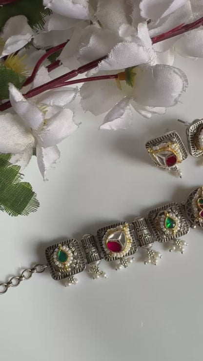 Varnika Dualtone Kundan Fusion Choker Set with Square Earrings