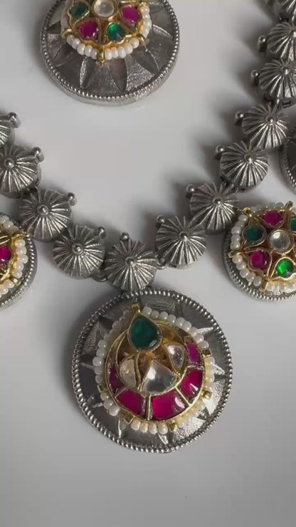 Vaidarbhi Multicolour Kundan Fusion Long Necklace Set with Matching Earrings