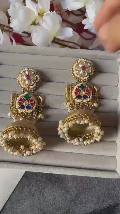 Navya Pachi Kundan & Pearl Bridal Jhumka Earrings