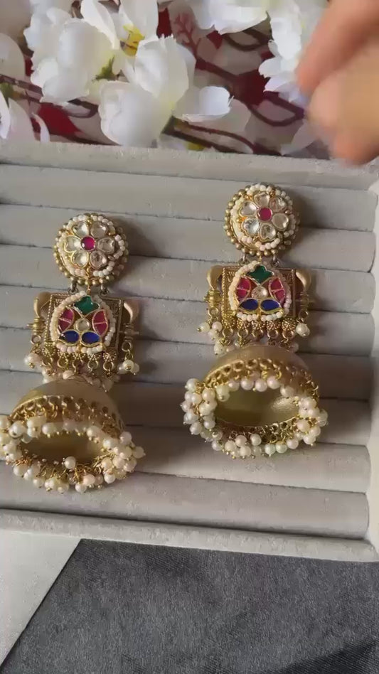 Navya Pachi Kundan & Pearl Bridal Jhumka Earrings
