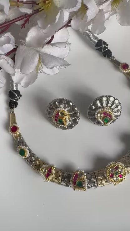 Rajwadi Veena Dual Tone SLA Hasli Necklace Set | Premium Kundan Fusion Hasli with Earrin
