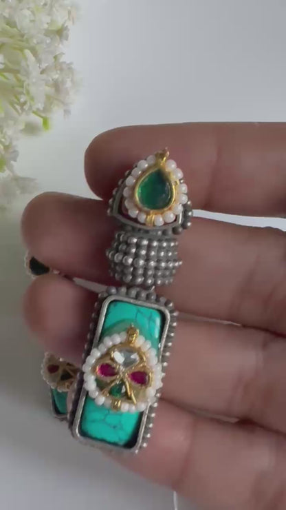 Rangrez Kundan Earrings | Turquoise, Green & Red Stone Earrings