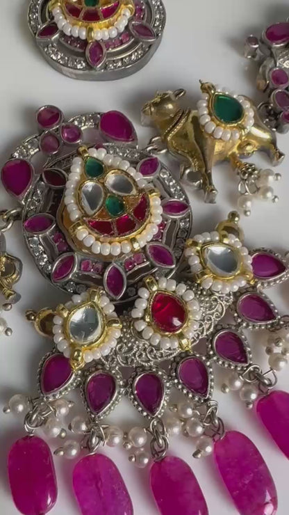Nandikeshwari Dvayvarna Kundan Fusion Necklace Set | Premium Dual Tone SLA Nandi Kundan Necklace Set with Earrings | Brass Jewellery