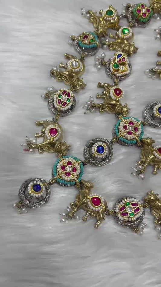 Nandishwari Layered Nandi Necklace Set with Multicolour Stones and Matching Earrings