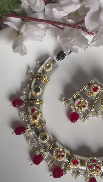 Ratnaprabha Dual Tone Fusion Pachi Kundan Hasli Necklace Set with Earrings | Premium Brass SLA Hasli | Alankrent Luxe