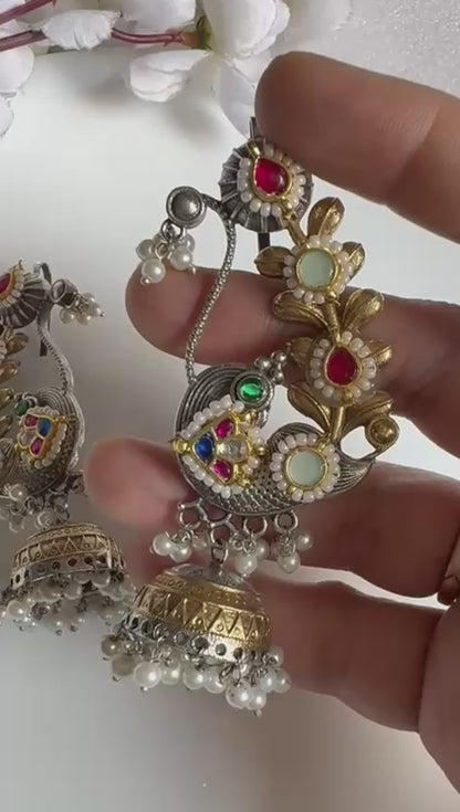 Mayura Pushpa Pachi Kundan Fusion SLA Ear Cuff Earrings | Peacock Pearl Jhumka Statement Ear Cuffs for Women