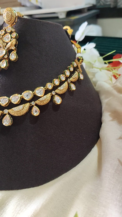 Aarunya Royale Layered Moissanite Polki Necklace Set | Luxury Bridal Statement Necklace with Designer Earrings | Premium Wedding Jewellery