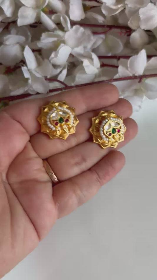 Suramya Pushpa Gold Matt Kundan Stud Earrings with Pearl & Green Ruby Accents | Budget Friendly Ethnic Jewellery | Alankrent