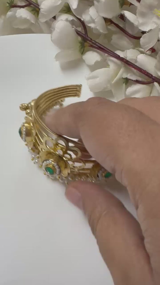 Traditional Antique Gold Tone Floral Kada/Handcuff with Pearl Danglers