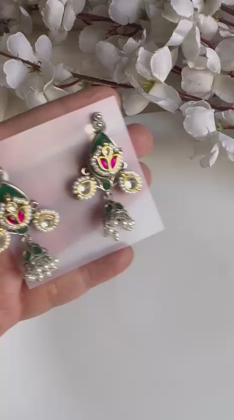 Aabira Dual Tone Kundan Fusion Jhumka Earrings With Pearl Drops Blue Red Green  | Kundan Jewellery India | Premium Indian Jewellery
