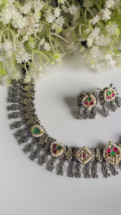 Aaradhya Rangika SLA Dual Tone Kundan Necklace Set with Earrings | Colourful Kundan Fusion Jewellery