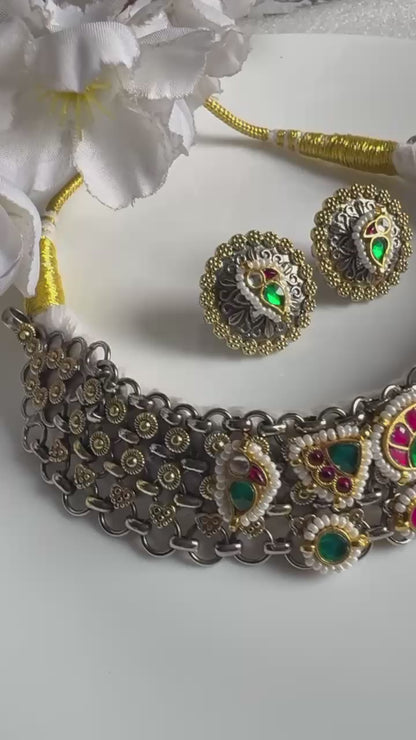 Meherza Dual Tone Kundan Thread Necklace Set with Earrings | Silver Polish Bridal Choker |  Limited Edition | Premium Indian Jewellery
