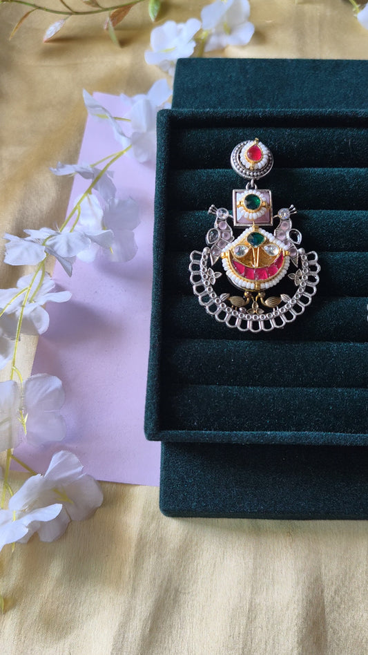 Anvitha Peacock Royal Pacchi Kundan Fusion Earrings in German Silver |  Luxe | Kundan Jewellery India | Premium Indian Jewellery