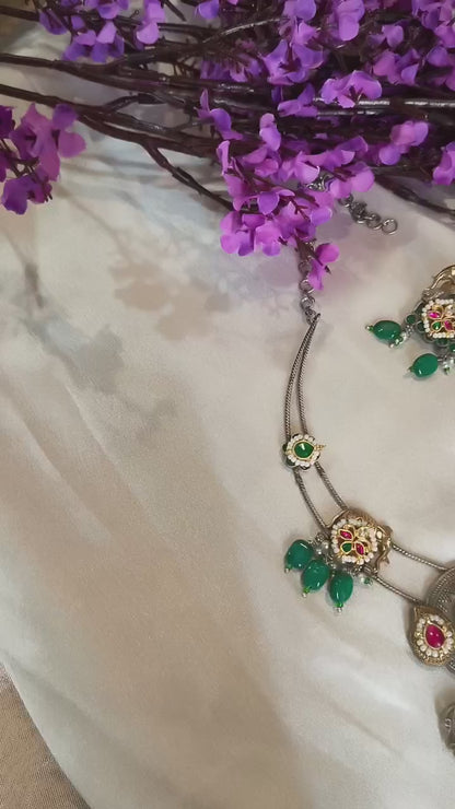 Gajraj Elephant Hasli Necklace with Green Stone Drops and Matching Earrings