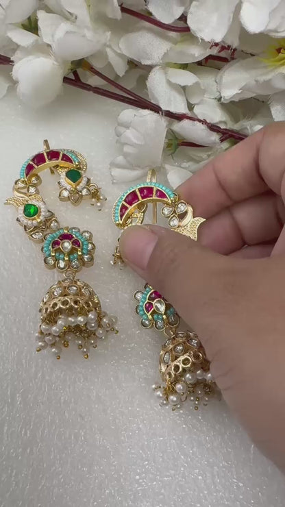 Stone Gold Matt Earcuffs with Kundan Fusion