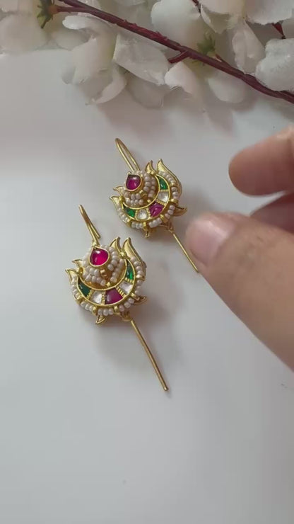 Traditional Gold Temple Matti Pins: Ruby & Pearl Kanphool Earrings