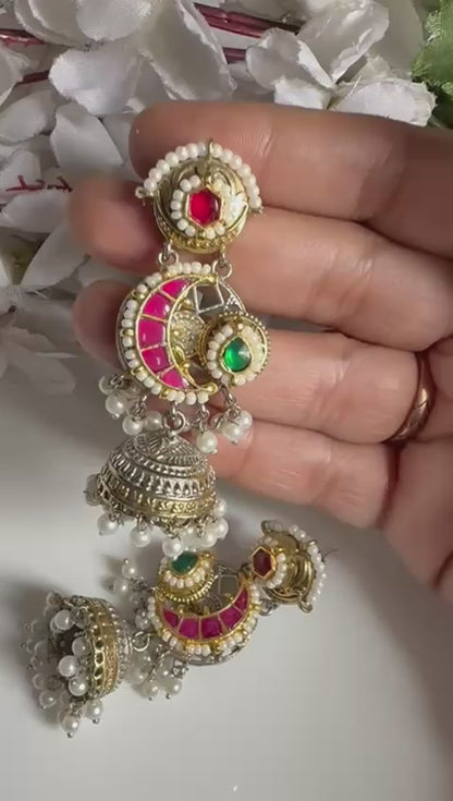 Chandrima Dual Tone Fusion Pachi Kundan Chandbali Jhumka Earrings | Premium Brass Dual Tone Pearl Jhumkas | Alankrent Luxe