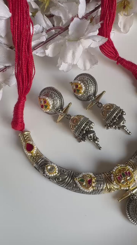 Yashvini Dual Tone Kundan Hasli Necklace Set | Silver-Gold Finish | Bestseller Premium Collection | Kundan Jewellery India | Premium Indian Jewellery