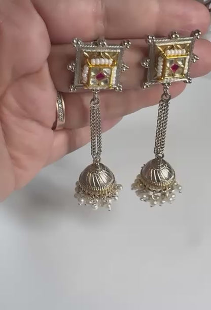 Mrinalini Dual Tone Fusion Pachi Kundan Chain Jhumka Earrings | Premium Brass SLA Earrings | Antique Indian Jewellery | Alankrent Luxe