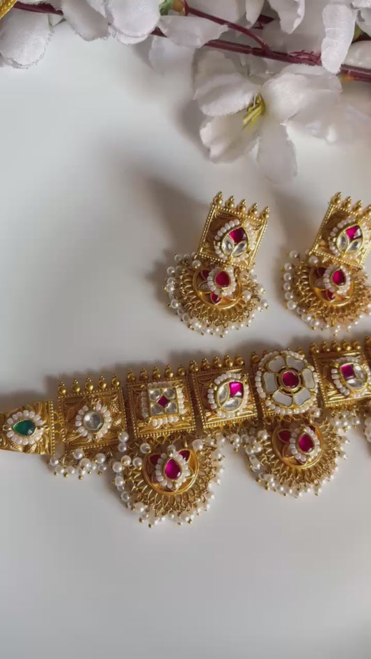 Gold Matt Polish Reimagine Antique Kundan Fusion Necklace with Earrings | Firoza Beads & Pearl Detailing