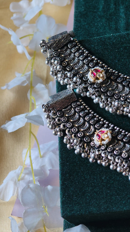 Mirzeya Handcrafted Silver Look Payal with Kundan Motifs and Ghungroo Bridal Anklet in German Silver Traditional Indian Jewellery | Premium Indian Jewellery