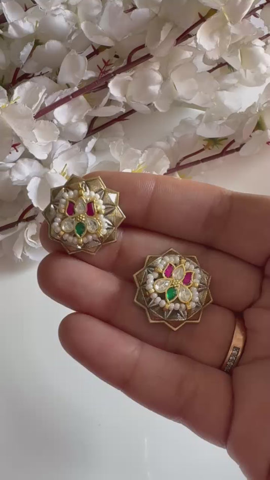 Varnika Pushp SLA Dualtone Kundan Stud Earrings with Pearl Detailing & Pink Green Stones | Budget Friendly Ethnic Jewellery | Alankrent