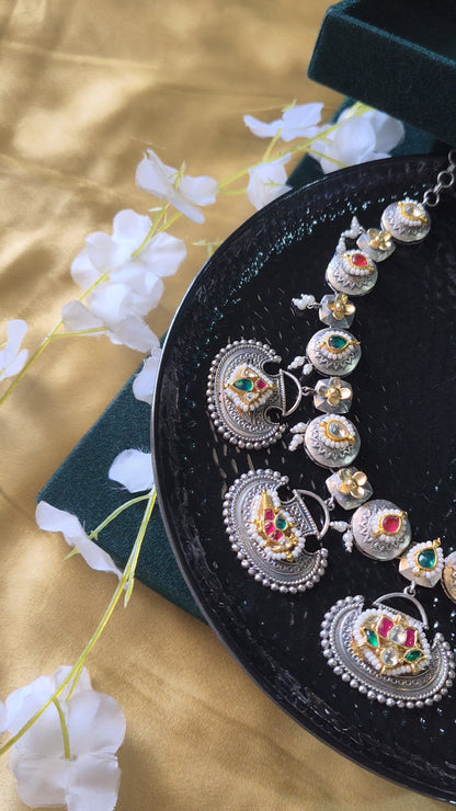 Pacchi Kundan Silver Tone Necklace Set with Earrings | Fusion Indian Bridal Jewelry