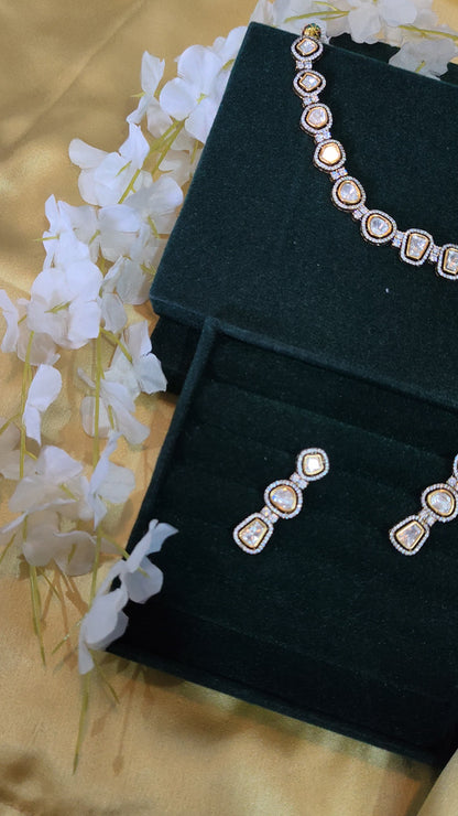 Aurevia Polki Moissanite Necklace Set with Matching Earrings Elegant Bridal Jewellery India | Premium Indian Jewellery
