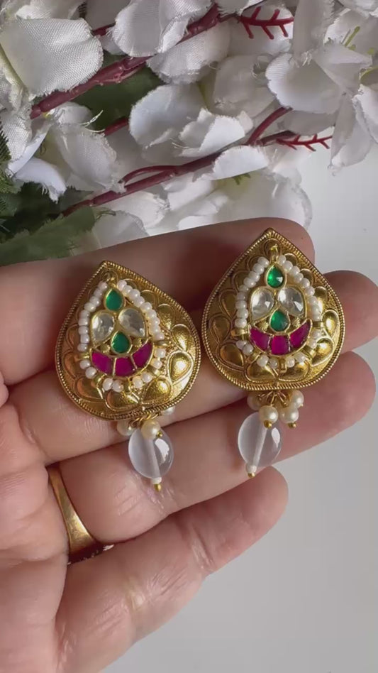 Pranvi Apala Gold Matt Polish Kundan Earrings with Pearl Detailing & Color Drop | Budget Friendly Ethnic Jewellery | Alankrent