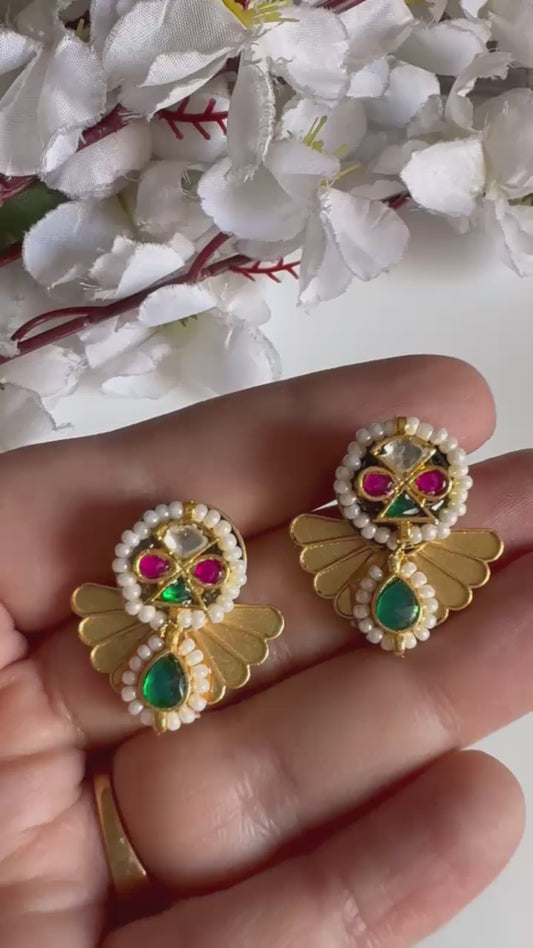 Kanika Apala Gold Matt Polish Kundan Earrings with Pearl Detailing & Emerald Drop | Budget Friendly Ethnic Jewellery | Alankrent