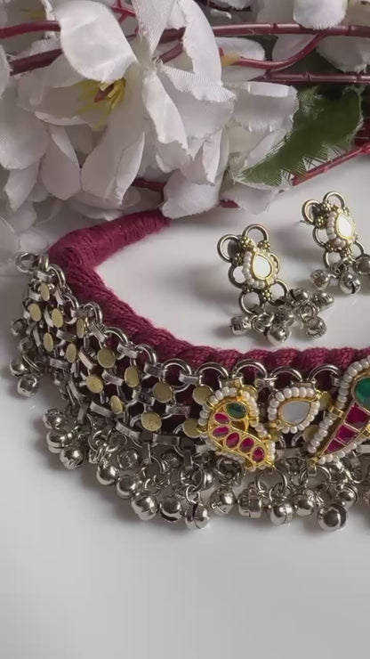Ghunghroo Varnika Kundan Fusion Thread Dual Tone SLA Necklace Set with Earrings | Premium Brass Heritage Jewellery