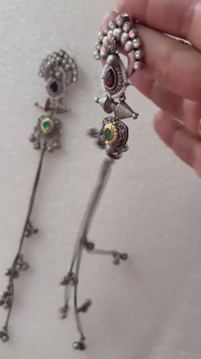 Tribal Long Chain Earrings with Coloured Stones | Festive Latkan Jewellery