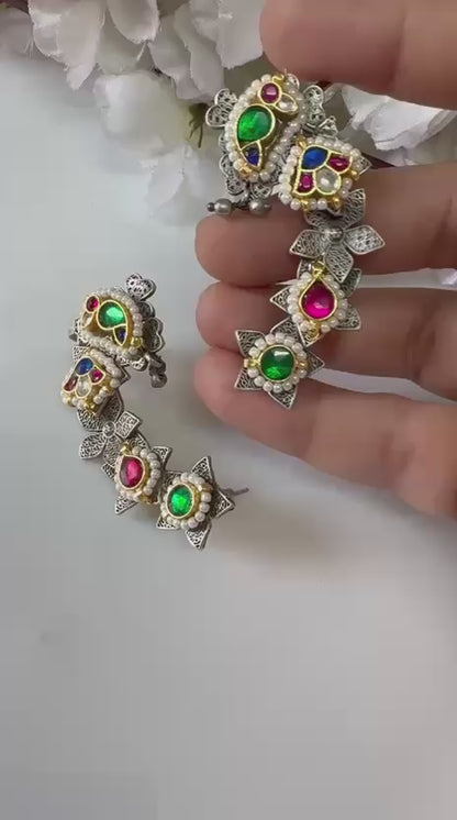 Kundan Fusion Silver look a like Dualtone Earcuffs