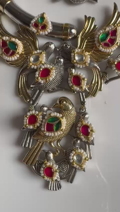 Pakshirang Bird Kundan Fusion SLA Dualtone Hasli Necklace Set with Earrings | Alankrent Luxe