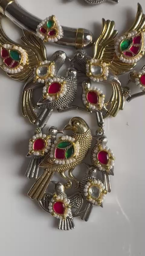 Pakshirang Bird Kundan Fusion SLA Dualtone Hasli Necklace Set with Earrings | Alankrent Luxe