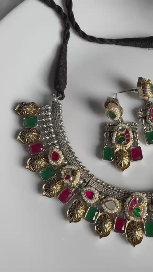 Rajatvalli Kundan Fusion Long Necklace Set | Kundan Fusion Long Necklace with Earrings | Silver Look Polish Traditional Indian Jewellery