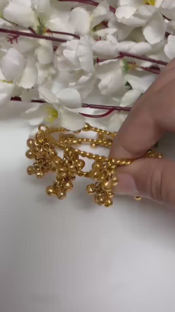 Kalashree Bangdi – Golden Polish Antique Ghungroo Kada Bangles Pair with handcrafted detailing, perfect for weddings, festive wear, and traditional outfits.