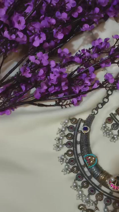 Kaalratna Pacchi Kundan German Silver Hasli | German Silver Hasli Necklace with Dual Tone Black Polish and Pacchi Kundan | Traditional Ethnic Jewellery