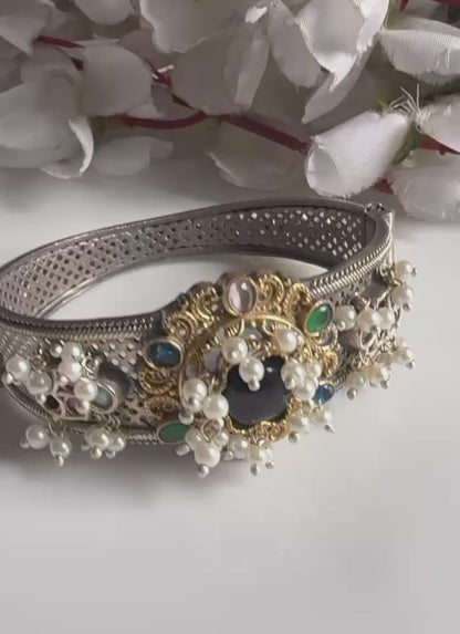 Ratnaprabha Premium SLA Pearl Openable Single Kada | Dual Tone Silver Look Bridal Bangle | Alankrent Luxe