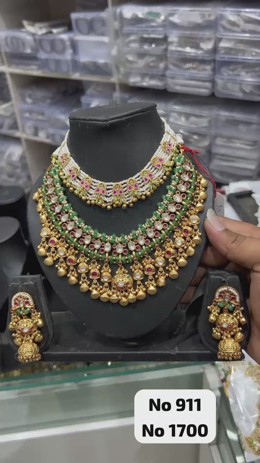 Rukmini Rajashri Bridal Haar|Bridal Kundan Necklace Set with Short Choker, Long Rani Haar & Long Earrings | Green Pearl Traditional Indian Bridal Jewellery