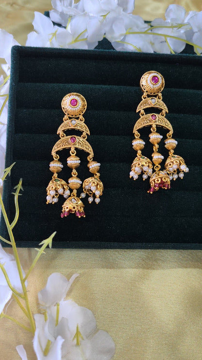 Tishaya Heritage Kundan Jhumki Dangler Earrings Traditional Temple Style Bridal Jewellery | Premium Indian Jewellery
