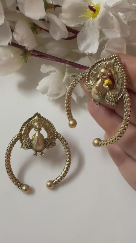Antique Gold Peacock Earrings: Oxidized Temple Jewelry Jhumkas