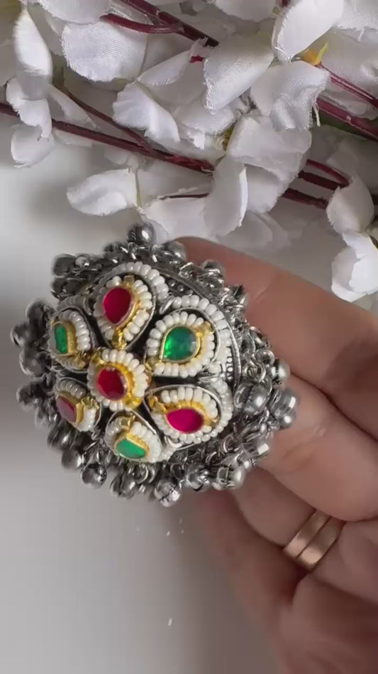Zilmil Kundan Ring | Silver Tone Ghungroo Statement Ring for Women