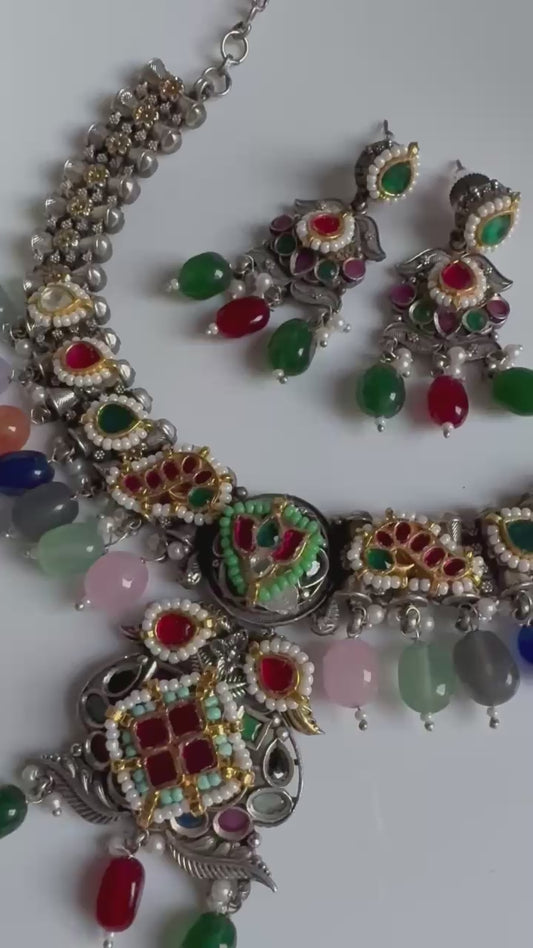 Kutchi Kundan Fusion Choker Necklace Set | Dual Tone Silver Look Jewellery with Earrings