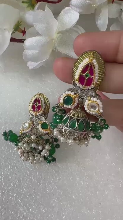 Grand Kundan & Pearl Jhumka Earrings with Emerald Green Beads | Traditional Indian Jewelry